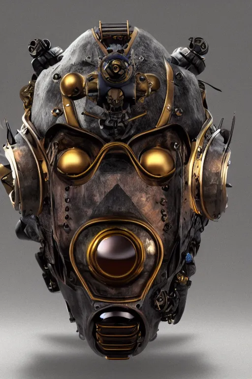 Image similar to steampunk mask minimalist fantasy art robot ninja helmet, global illumination ray tracing hdr fanart arstation by sung choi and eric pfeiffer and gabriel garza and casper konefal radiating a glowing aura