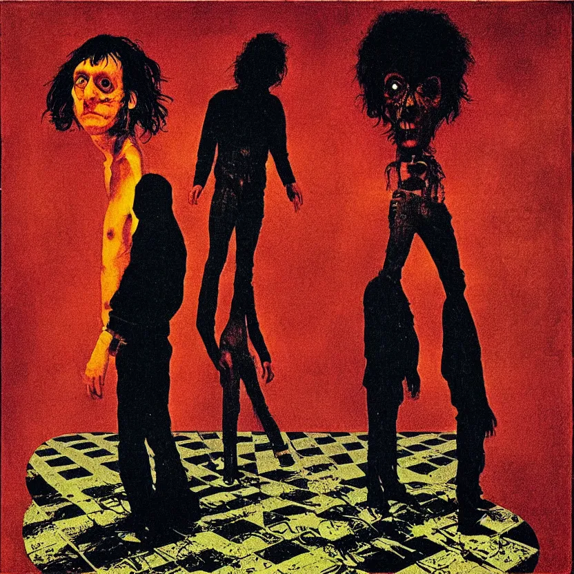 Image similar to two people standing on top of a checkered floor, an album cover by syd barrett, tumblr, neo - expressionism, darksynth, nightmare, cosmic horror