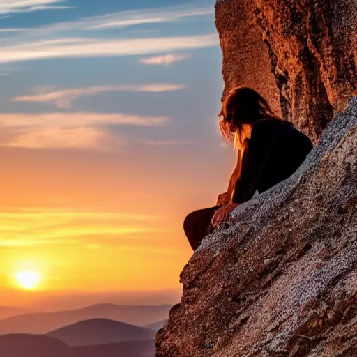 Image similar to a woman sitting on the edge of a cliff watching the sunset