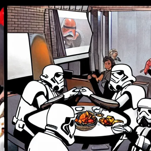 Prompt: stormtroopers eating at a feast with darth vader, comics art