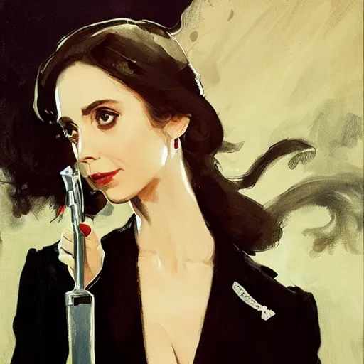 Image similar to alison brie wearing a tuxedo, holding a martini and a silenced pistol, intricate, elegant, highly detailed, greg manchess, mucha, liepke, ruan jia, jeffrey catherine jones, ridley scott