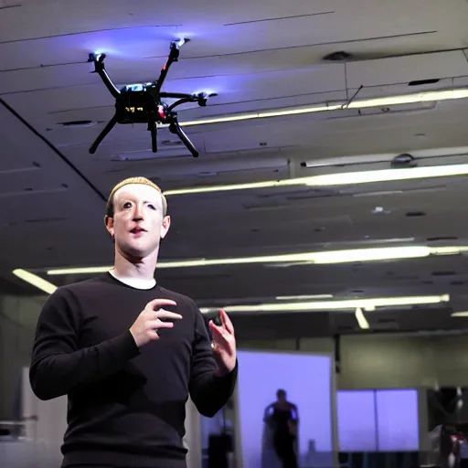 Image similar to mark Zuckerberg piloting an advanced drone from a sci-fi control deck. Glowing lights.