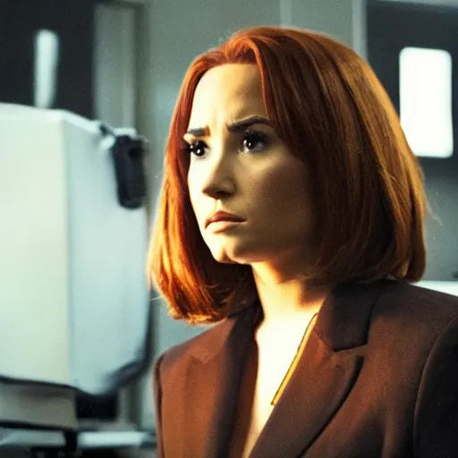 Image similar to close-up of Demi Lovato with brown hair as Dana Scully in an X-Files movie directed by Christopher Nolan, movie still frame, promotional image, imax 35 mm footage