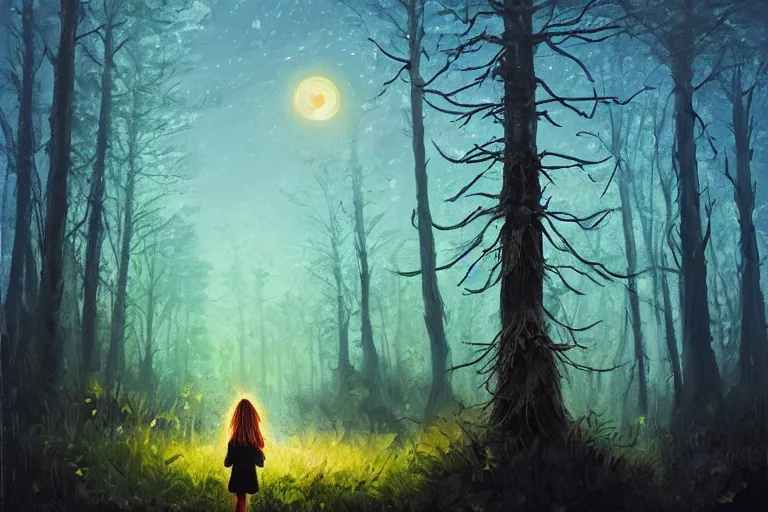 Image similar to giant sunflower head, girl walking in a moonlit forest, hills, surreal photography, dark night, star trails, dramatic light, impressionist painting, clouds, digital painting, artstation, simon stalenhag