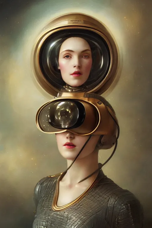 Image similar to a beautiful ultradetailed vintage photo of a woman wearing a futuristic vr helmet, by tom bagshaw and anna dittman, portrait, 2 4 mm lens, golden ratio composition, detailed face, studio photography, very detailed, humanoids, interconnected, artstation, 8 k, highly coherent