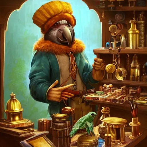 Image similar to Anthropomorphized parrot trader in his shop, selling his wares, portrait, items, gold, magic potions, carpet, window, sly expression , cunning expression, cute expression, cute eyes, presenting wares, holding a gold bag, D&D, fantasy, cinematic lighting, highly detailed, digital painting, artstation, concept art, smooth, sharp focus, illustration, warm light, cozy warm tint, magic the gathering artwork, volumetric lighting, 8k, art by Akihiko Yoshida, Greg Rutkowski