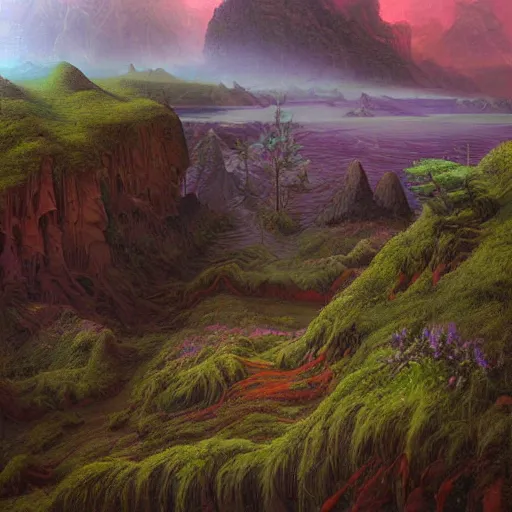 Image similar to digital painting of a lush foggy natural scene on an alien planet by gerald brom. digital render. detailed. beautiful landscape. colourful weird vegetation. cliffs and water.