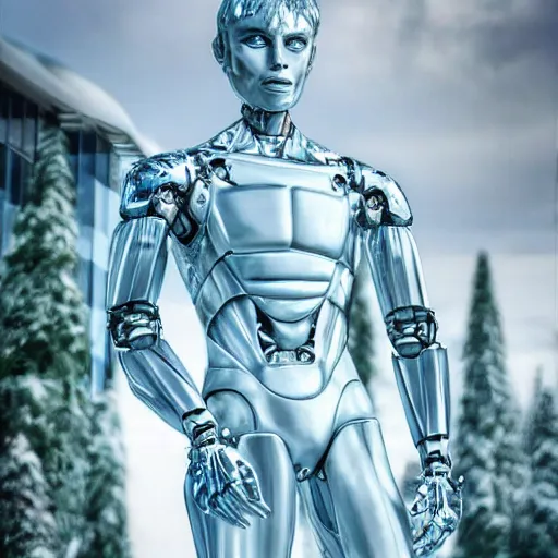 Image similar to made of ice, a realistic detailed photo of a guy who is an attractive humanoid who is half robot and half humanoid, who is a male android, on display, blank stare, showing off his muscles, shiny skin, posing like a statue, by the pool, frozen ice statue, twitch streamer / gamer ludwig, humanoid robot