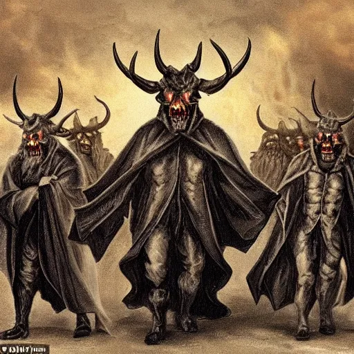 Image similar to The patriarch and the president and the general are walking three of them out of the gates to hell, it's dark around, they have horns, lightning in the sky, the infernal underworld, the state is on fire,