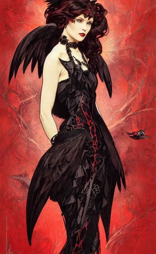 Image similar to Female dark angel in gothic red and black dress, their black wings are extended. By artgerm and greg rutkowski and alphonse mucha