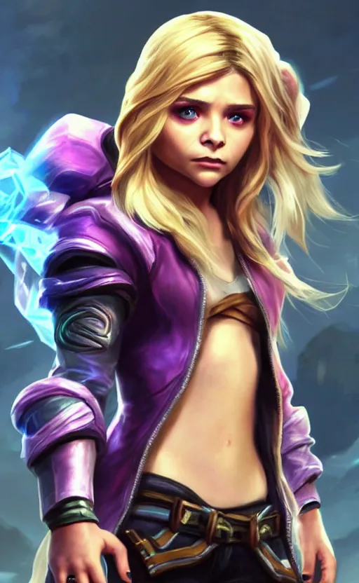 Prompt: Chloë Grace Moretz as a character in the game League of Legends, with a background based on the game League of Legends, detailed face, old 3d graphics