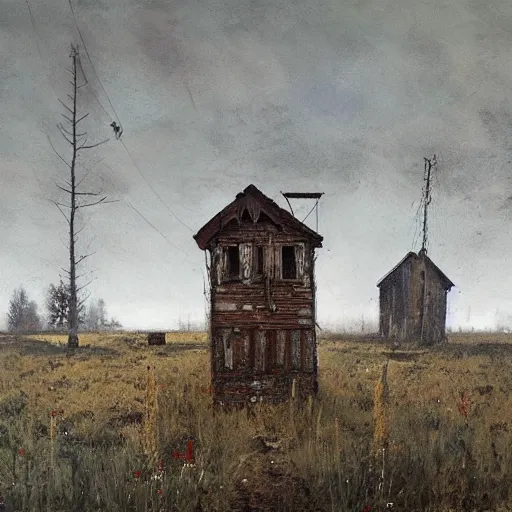 Image similar to painting by jakub rozalski of an abandoned post soviet town infested with root monsters