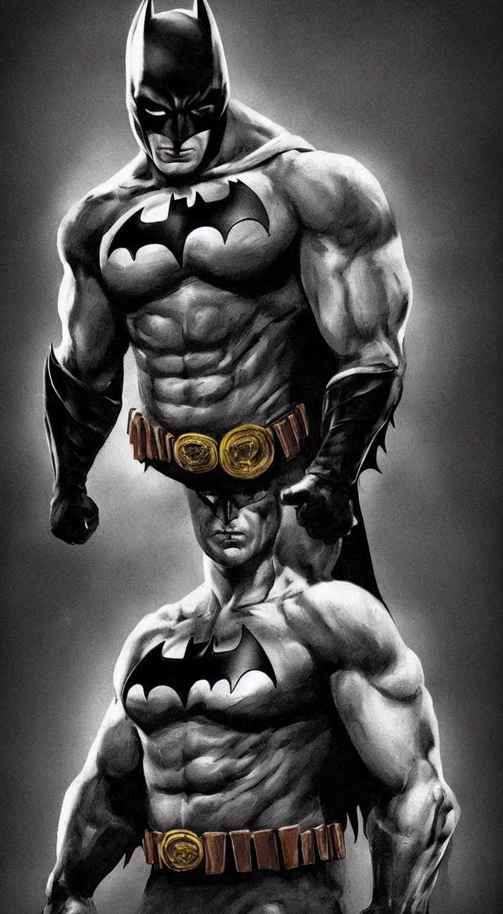 Image similar to a portrait of a muscular Batman with scars