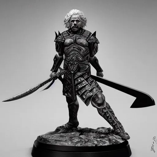 Image similar to muscular albert einstein wearing daedric armor wielding a daedric battleaxe d & d detailed photo photorealistic