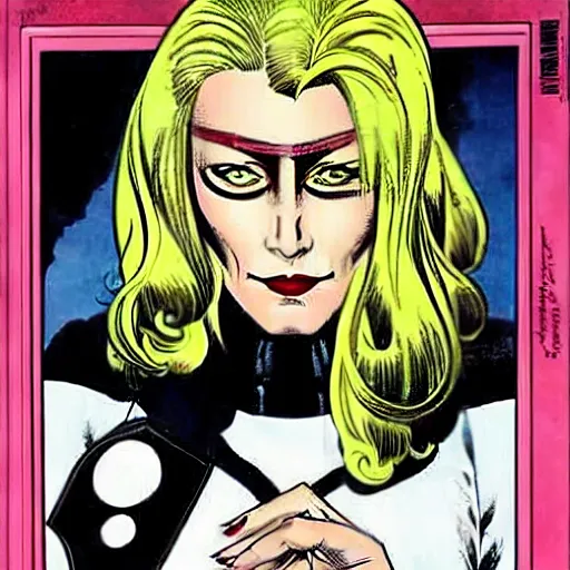 Image similar to Brian Bolland comic art, stunning female Actress Audrey Plaza, spy, eye patch over left eye, evil smile, symmetrical face, symmetrical eyes, tailored clothing, long straight blonde hair, full body, Winter night