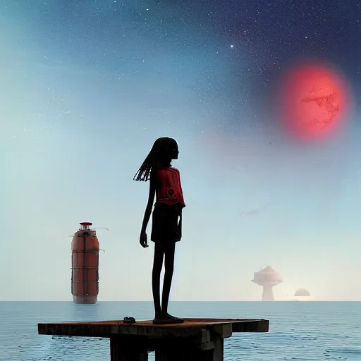 Image similar to A 14-year-old Sudanese girl, standing on the end of a pier in Indonesia, watching Mars appear above the setting sun, low angle, beautiful digital art by Greg Rutkowski