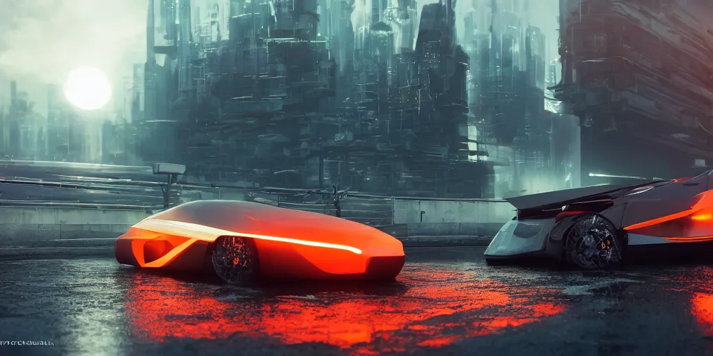 Image similar to futuristic electro car, smooth concrete brutalistic buildings on the background, puddles of water, stunning volumetric lighting, sunset, trending on Artstation, 8k, photorealistic, hyper detailed, unreal engine 5, cinematic, epic lighting, cryengine, octane render, cyberpunk, red and orange glow, dark, gloomy