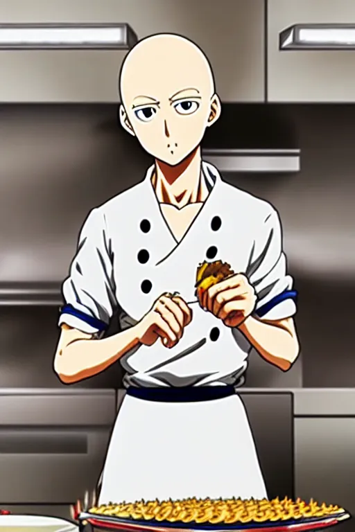 Prompt: chef saitama one punch man, dressed as a pastry chef, focused at making a cake, beautiful anime artwork