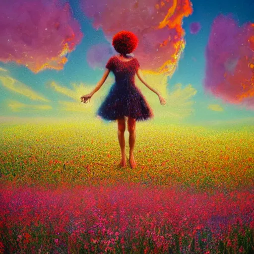 Prompt: exploding flower afro, full body, girl standing in the middle of a field with flowers, surreal photography, hills, sunrise dramatic light, impressionist painting, colorful clouds, digital painting, pointillism, artstation, simon stalenhag