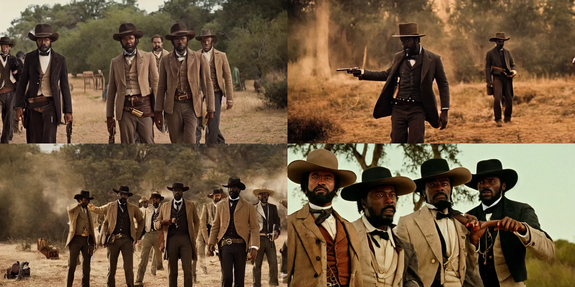 Prompt: django unchained shoot out directed by wes anderson, cinestill 8 0 0 t, 1 9 8 0 s movie still, film grain