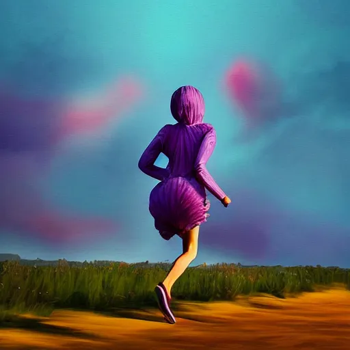 Image similar to portrait, giant purple dahlia flower head, woman running at orange beach, surreal photography, sunrise, blue sky, dramatic light, impressionist painting, digital painting, artstation, simon stalenhag