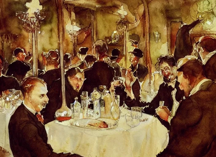 Image similar to gentlemens dinner, singing, roaring twenties, cellar, masterpiece, torches on wall, meat, wine, schnapps, watercolor by anders zorn and carl larsson, art nouveau