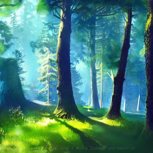 Prompt: fantasy forest, by, pixar, disney, low warm light, warm, blue shadow,, sharp paint brush stroke, anders zorn, artstation