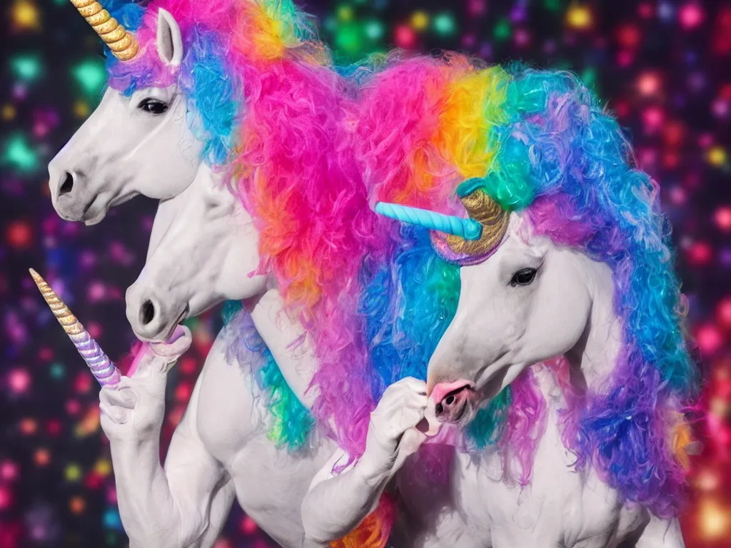 Image similar to 1 unicorn wearing clown makeup on stage auditioning for American Idol