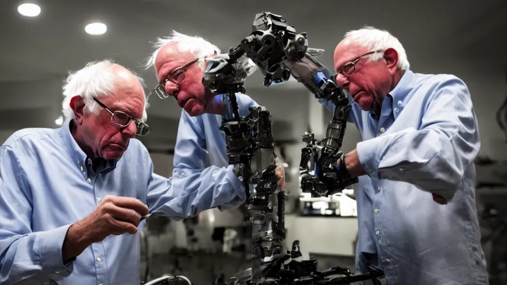 Prompt: bernie sanders putting the finishing touches on a small weaponized robot, cinematic moody lighting, smoky laboratory, sharp focus, imax