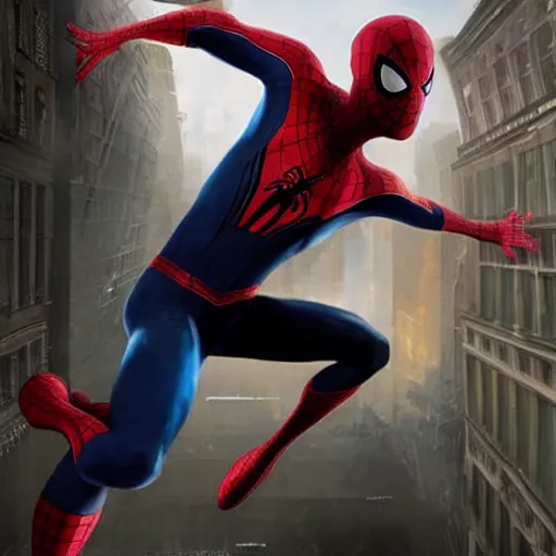 Image similar to hyperrealistic mixed media high resolution painting of Peter Parker as Spiderman , stunning 3d render inspired art by Jamie Salmon and István Sándorfi and Unreal Engine and Greg Rutkowski, perfection, dim volumetric lighting, 8k octane beautifully detailed render, full body shot, post-processing, extremely hyper-detailed, intricate, epic composition, highly detailed attributes, highly detailed atmosphere, cinematic lighting, masterpiece, trending on artstation, very very detailed, masterpiece, stunning, flawless completion, lifelike texture, perfection,