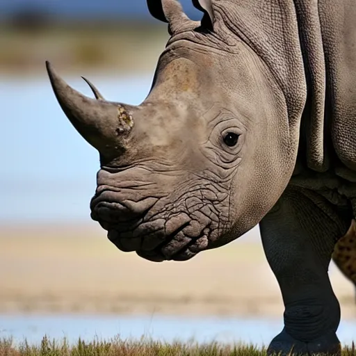 Prompt: a rhino with cheetah print spots, nature photography