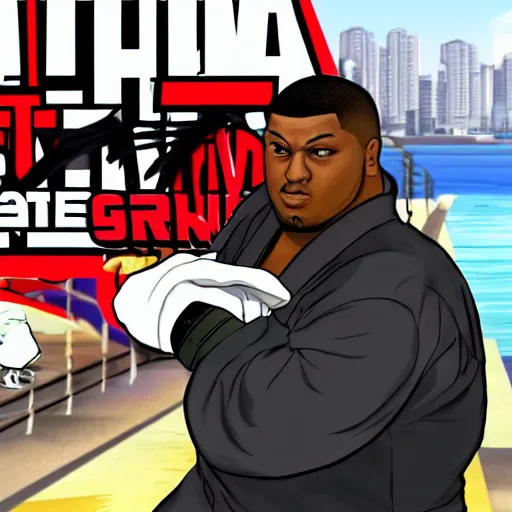 Image similar to hyperrealistic image of overweight black martial artist with dreadlocks in uniform doing kata, grand theft auto style