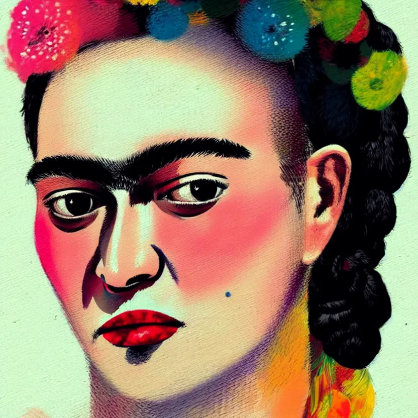 Image similar to close up portrait painting of a youthful frida kahlo, concept art, intricate details, aesthetically pleasing pastel colors, art by conrad roset, impressionism, portrait