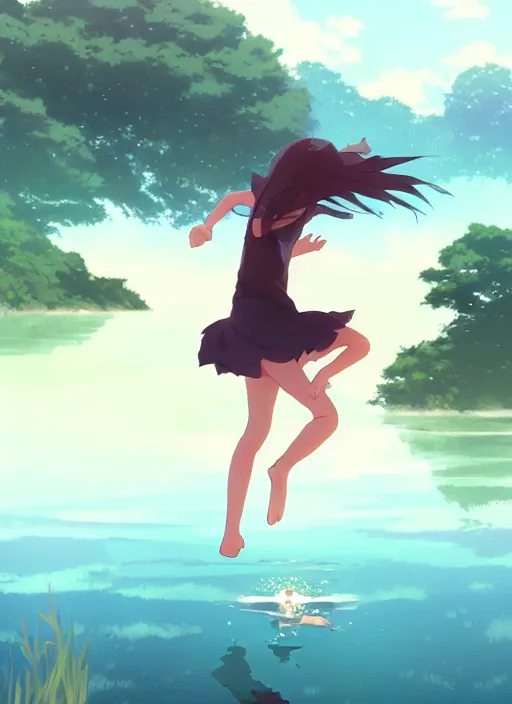 Image similar to girl jumping near a lake, rainy, touching a long neck monster, illustration concept art anime key visual trending pixiv fanbox by wlop and greg rutkowski and makoto shinkai and studio ghibli