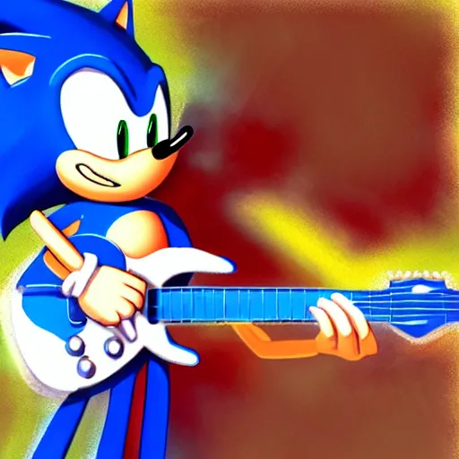 Prompt: sonic plays guitar, artstation