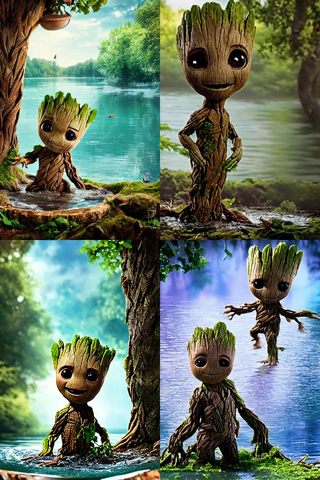 Image similar to little cute Groot takes a bath in the lake, against the backdrop of trees, poster, by disney plus