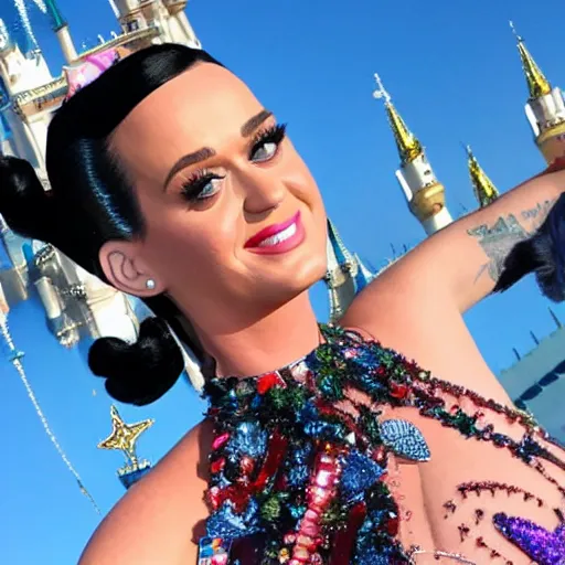 Prompt: katy perry takes a selfie in front of the disney world