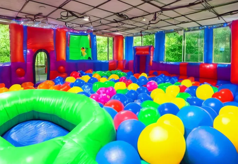 Prompt: A bouncy house with a ball pit and there is a black trampoline next to the ball pit inside a big empty room with light coming through windows