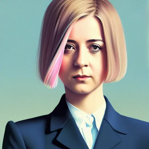 Image similar to natalya poklonskaya as young female, young female prosecutor at her job, muted colors, matte print, pastel colors, 2d, ultra highly detailed, smooth, sharp focus, digital art, digital painting, fan art, elegant, artstation, head is centered, by Ilya Kuvshinov