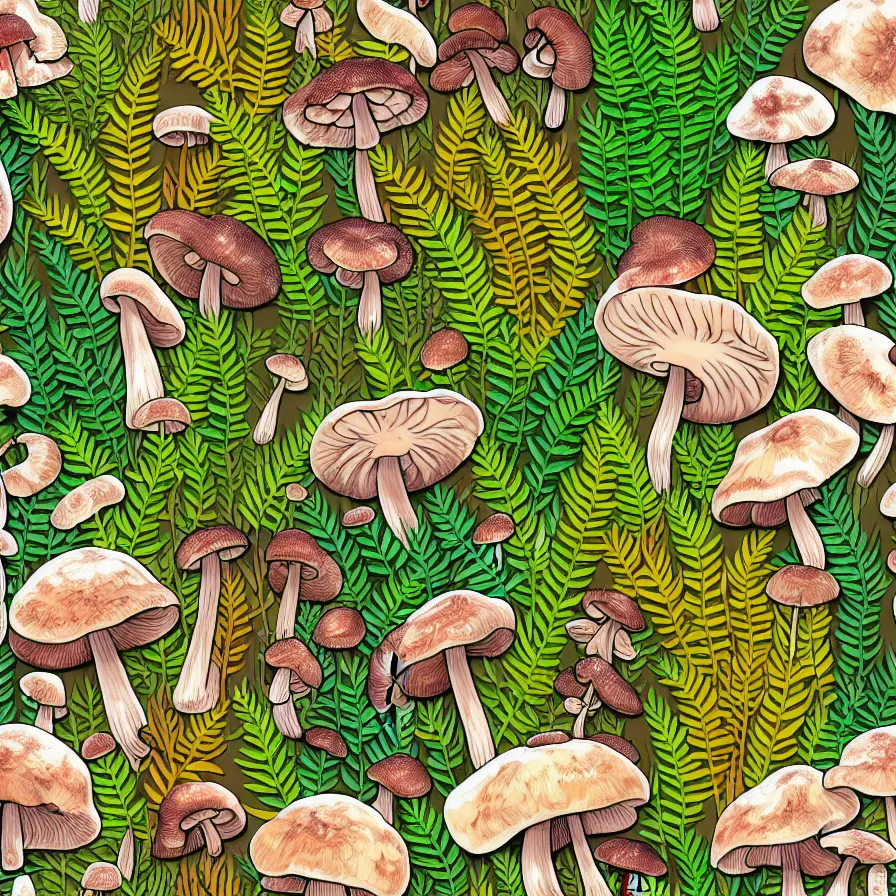 Image similar to plethora of mushrooms and mycelium, vivid natural color hues and natural surroundings, colorful painted patterns and motifs on mushrooms, leaves and ferns, seamless fabric pattern 8K, highly detailed.