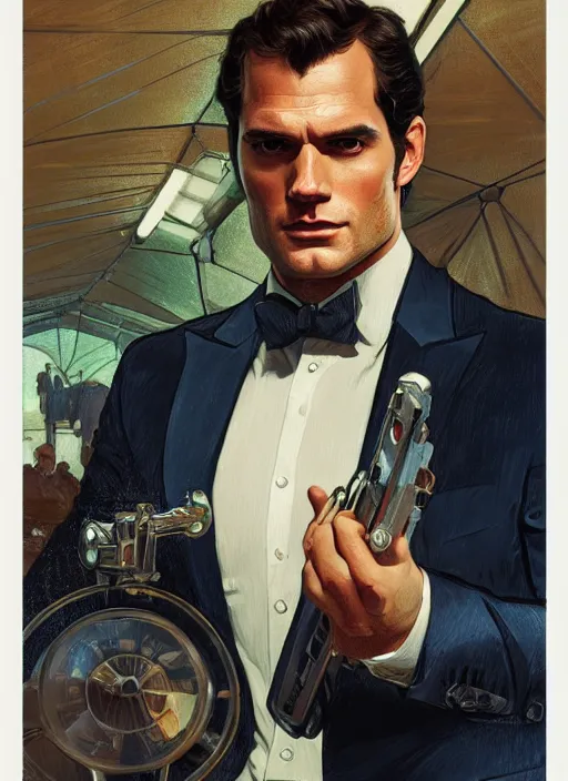 Image similar to portrait of henry cavill as james bond, casino, rain, vintage car, highly detailed, digital painting, artstation, concept art, cinematic lighting, sharp focus, illustration, by gaston bussiere alphonse mucha