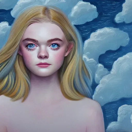 Image similar to professional painting of Elle Fanning in the style of a Purity Ring album, head and shoulders portrait, symmetrical facial features, smooth, sharp focus, illustration, intricate, stormy weather, extremely detailed masterpiece,