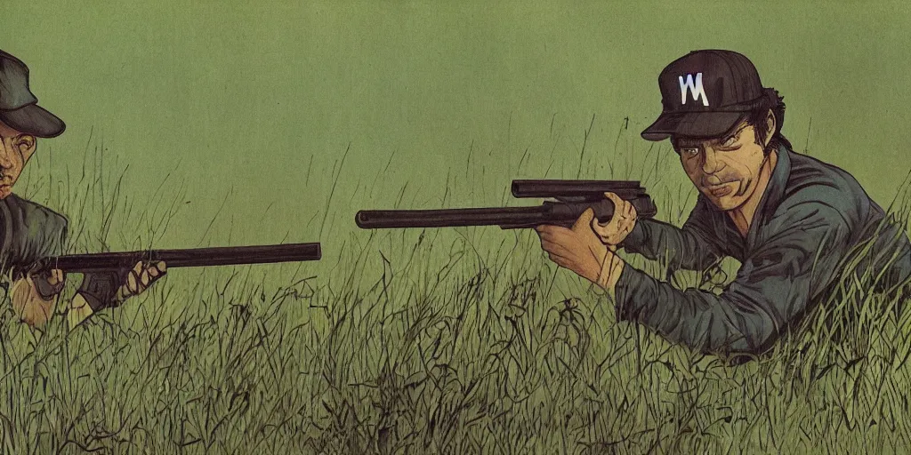 Image similar to a man with a baseball hat and a rifle in a lush green swamp field, sneaking, japanese illustrator, 1 9 8 0 s, matte colors, stephen king, post apocalyptic film concept