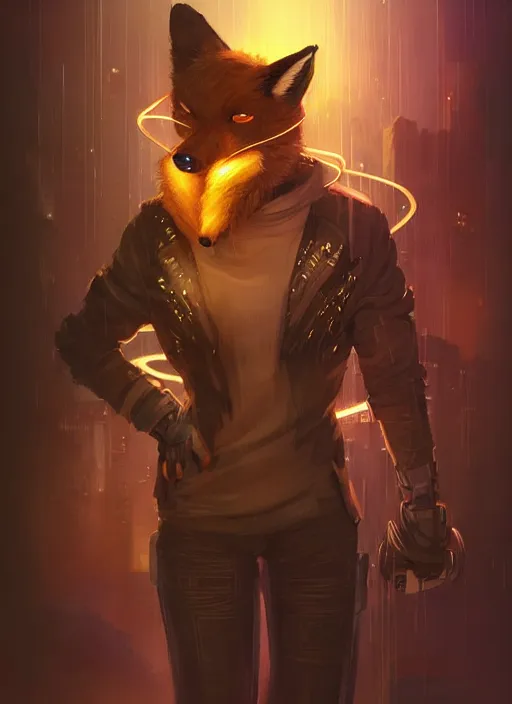 Image similar to award winning beautiful portrait commission of a male furry anthro melanated fox fursona with a tail and a cute beautiful attractive detailed furry face wearing stylish black and gold cyberpunk clothes in a cyberpunk city at night while it rains. Character design by charlie bowater, ross tran, artgerm, and makoto shinkai, detailed, inked, western comic book art