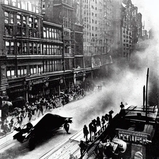 Prompt: old black and white photo, 1 9 1 3, depicting batmobile from dark knight rampaging through the bustling streets of new york city, historical record