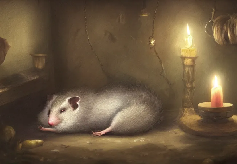 Image similar to cute possum sleeping on a bed in a medieval cluttered cottage at night under the dim light of a candle, dark fantasy, dreaming illusion, trending on artstation