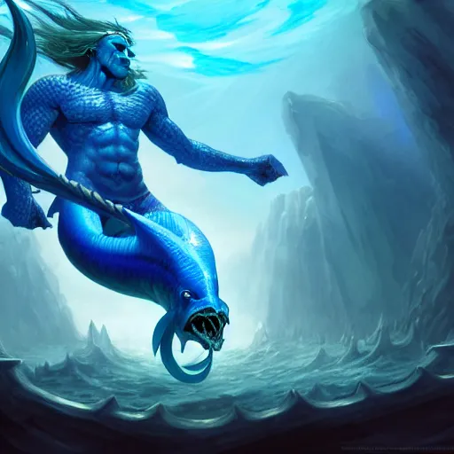 Image similar to beautiful blue naga merman wizard, underwater combat scene, zoomed out, 5 e, d & d, world of warcraft, fantasy, wide angle shot, highly detailed, masterpiece, digital painting, artstation, concept art, smooth, sharp focus, illustration, art by artgerm, by greg rutkowski
