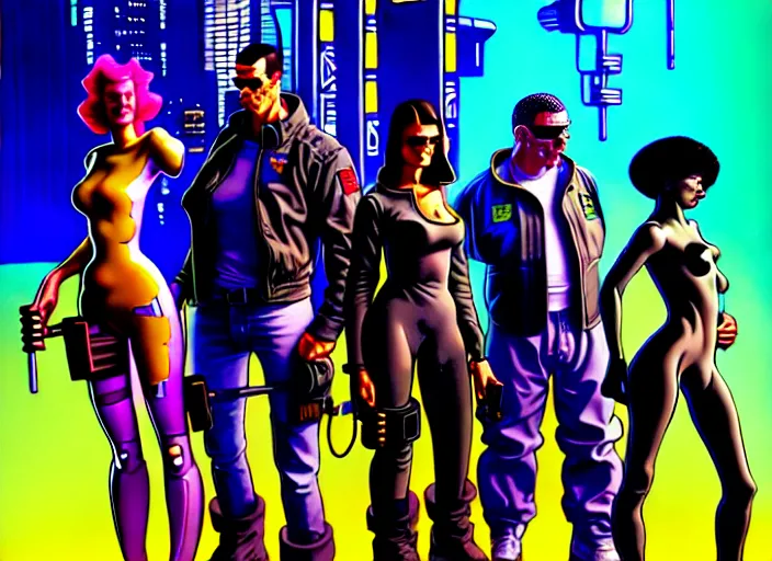 Image similar to cyberpunk heist crew. portrait by stonehouse and mœbius and will eisner and gil elvgren and pixar. character design. realistic proportions. cyberpunk 2 0 7 7 character art, blade runner 2 0 4 9 concept art. cel shading. attractive face. thick lines. the team. diverse characters. artstationhq.