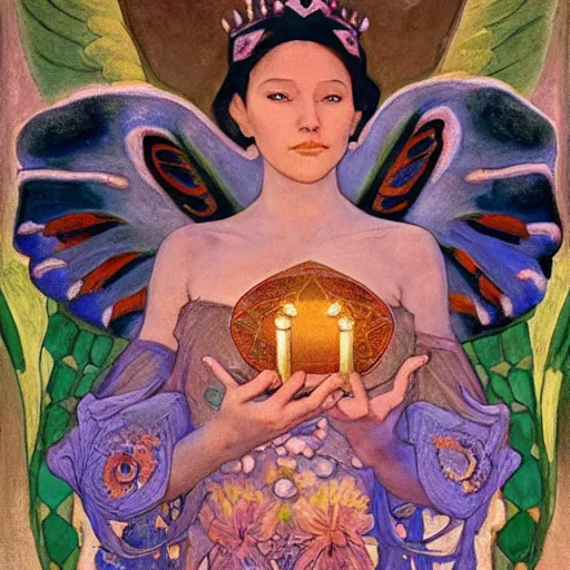 Prompt: queen of the dawn with her wings and her lantern, by Annie Swynnerton and Nicholas Roerich and Diego Rivera, bioluminescent skin, floral tattoos, elaborate costume, geometric ornament, symbolist, soft colors, smooth, sharp focus, extremely detailed