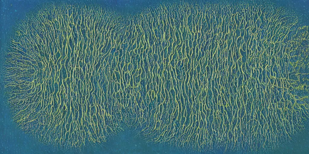 Prompt: Artwork by Tim White of the aerial view of a forest of giant diatoms.